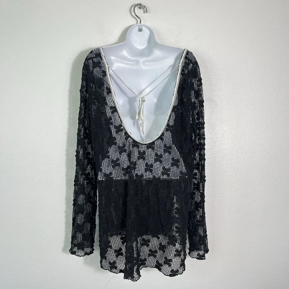 NEW Free People Grady Lace Crochet-Style Top, Black Whimsigoth Fairy Large Goth